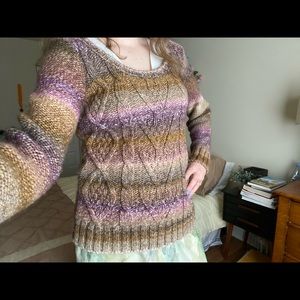 Pink, Beige, and Brown Knit Long-Sleeve Round-Neck Italian-Made Sweater